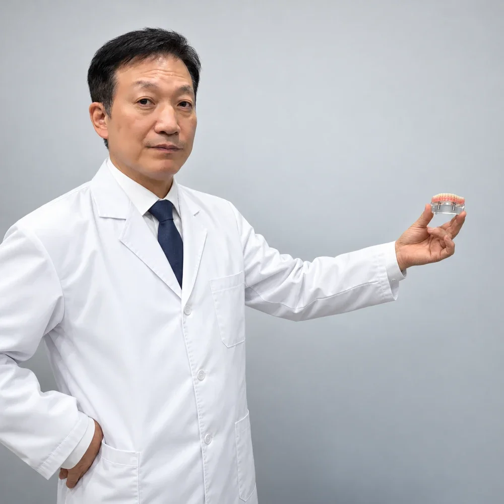 이강 원장이 임플란트 틀니 모형을 들고 설명하는 모습